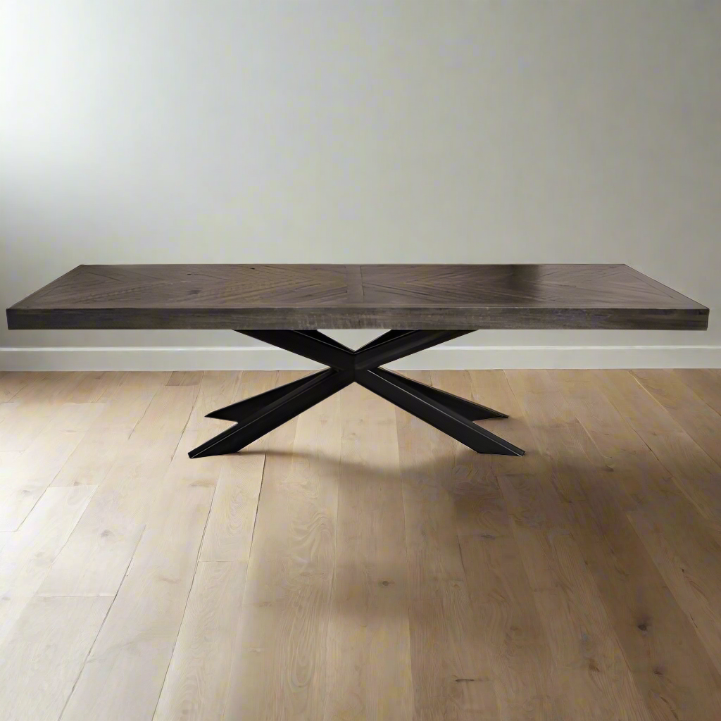 Herringbone Solid Wood Dining Table With Metal Base