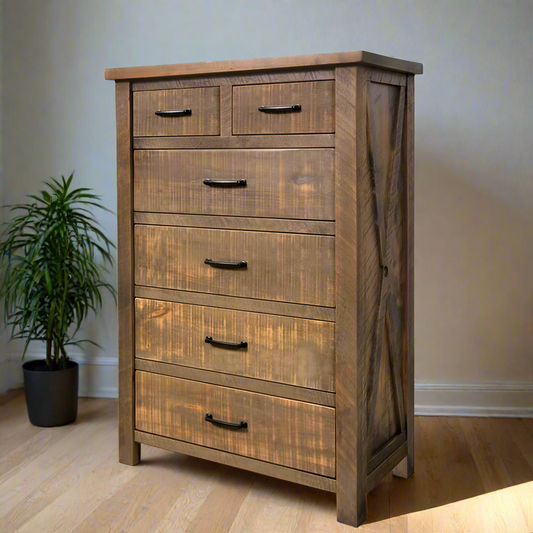 Wooden dresser with five drawers on a white background