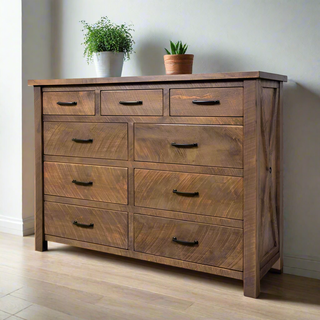 Wooden dresser with multiple drawers on a white background