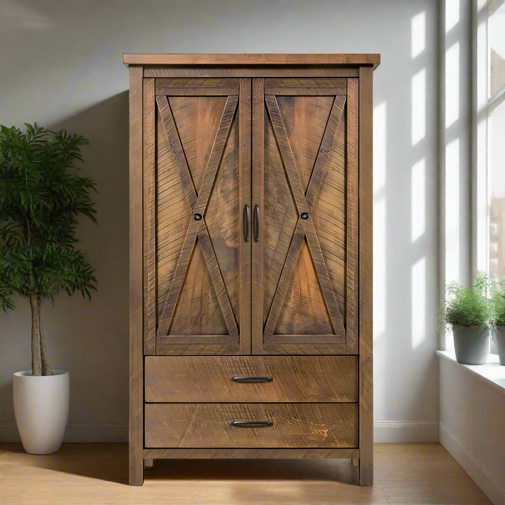 Wooden cabinet with double doors and a drawer on a white background