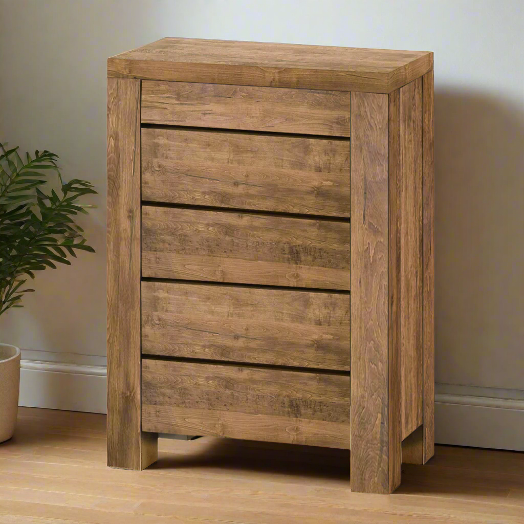 Wooden side table with three drawers on a white background