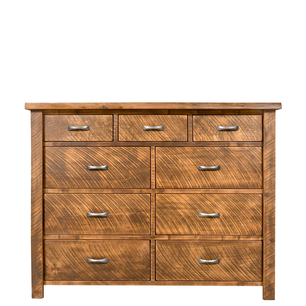 A brown wooden dresser with multiple drawers, featuring a rustic millsawn surface and metal handles.