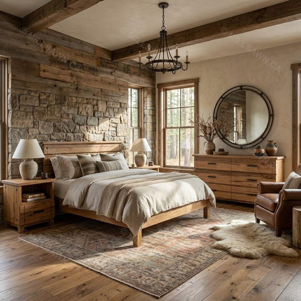 Cozy bedroom with wooden furniture, stone wall, and large window.