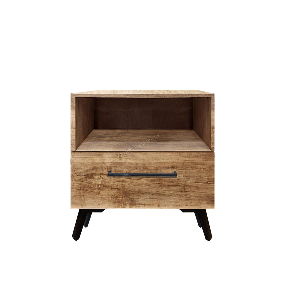 Wooden nightstand with a drawer on a white background, featuring the TC Furniture logo.
