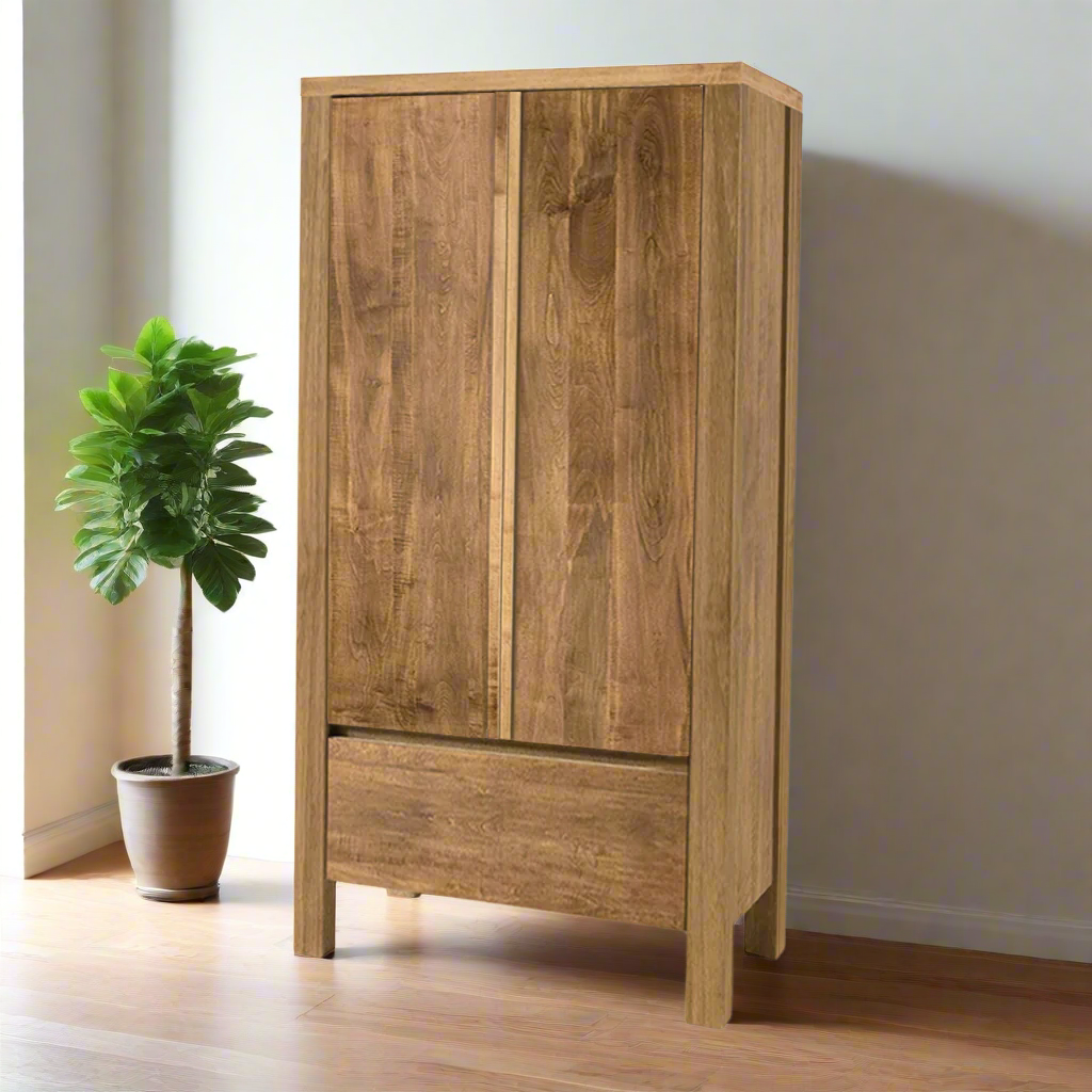 Wooden wardrobe with two doors and a drawer on a white background