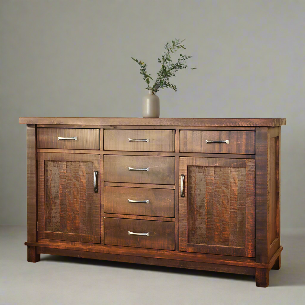 A rustic wooden sideboard with six drawers and two doors, displayed against a neutral background.