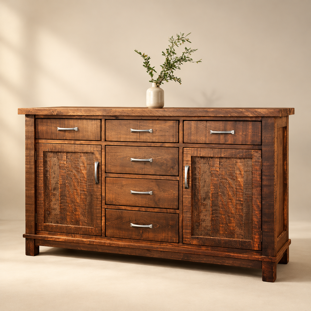 A rustic wooden sideboard with six drawers and two doors, displayed against a neutral background.