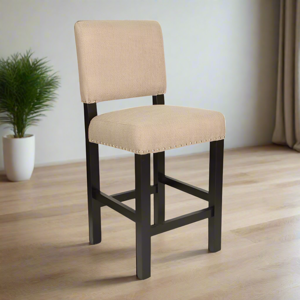 Beige bar stool with black legs on a white background