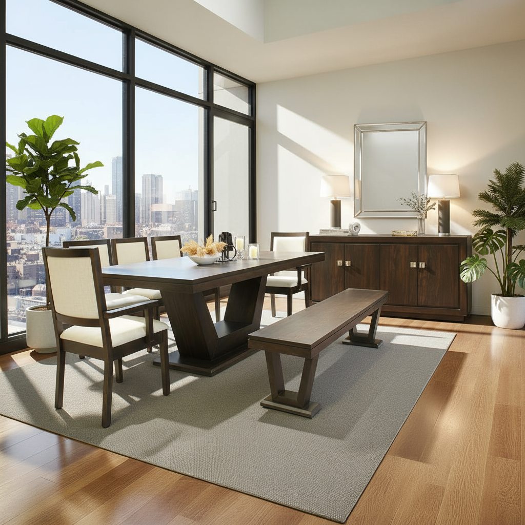 Modern dining room with wooden table, chairs, and bench in a well-lit room with large windows.
