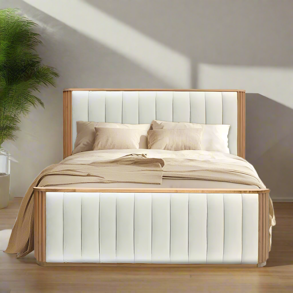 Bed with wooden frame and upholstered headboard on a white background