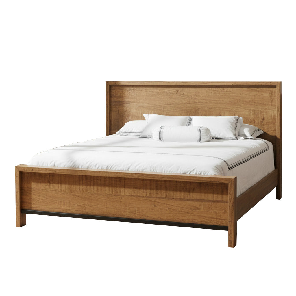Wooden bed with white bedding on a white background