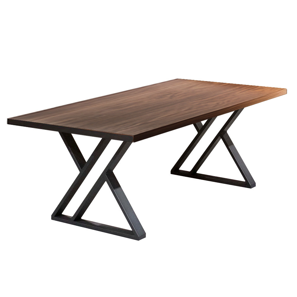 Wooden table with black metal legs on a white background