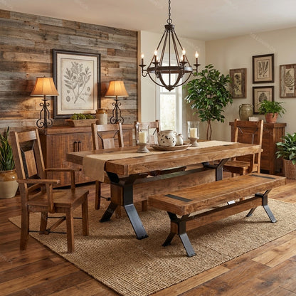 Dining room with wooden table, chairs, and bench against a rustic wall.