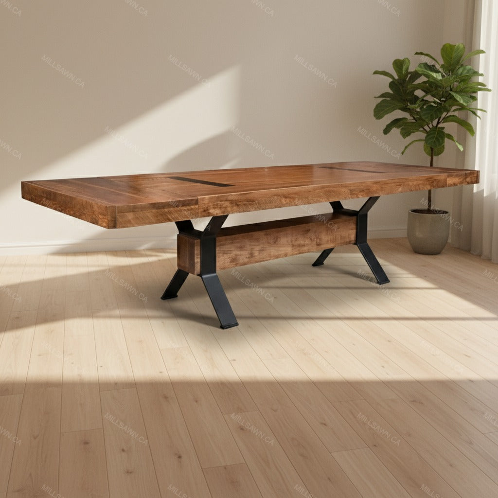 Wooden dining table with black metal legs in a room with a plant and light wood flooring.