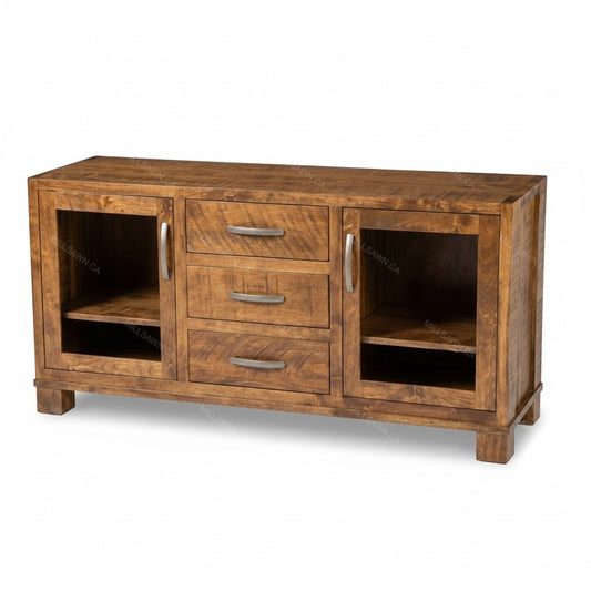 Wooden entertainment console with drawers and glass panels on a white background