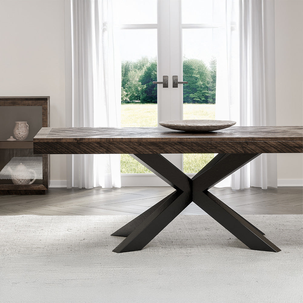 Herringbone Solid Wood Dining Table With Metal Base