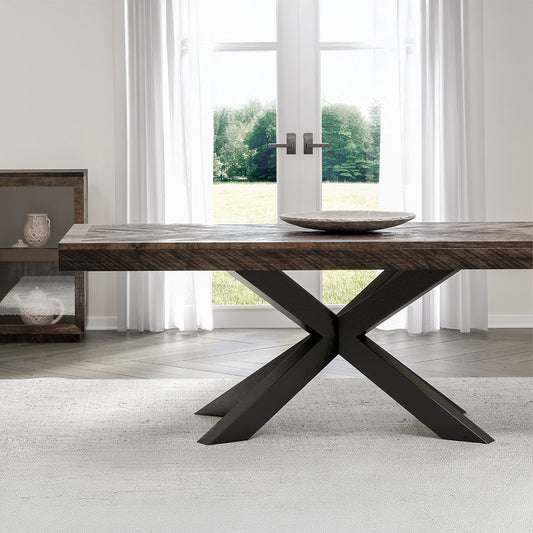 Herringbone Solid Wood Dining Table With Metal Base