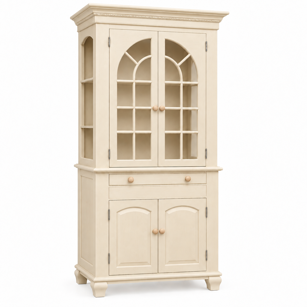 A tall, light natural wood hutch cabinet with two upper glass-front doors featuring arched window panes, a single middle drawer with round silver knobs, and two lower arched cabinet doors, shown on a plain white background.