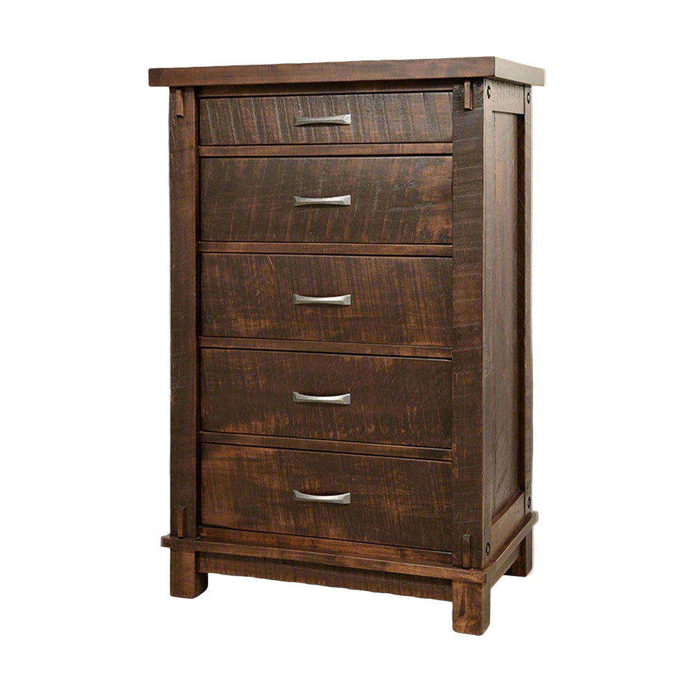 A brown wooden chest with multiple drawers, crafted from solid wood.