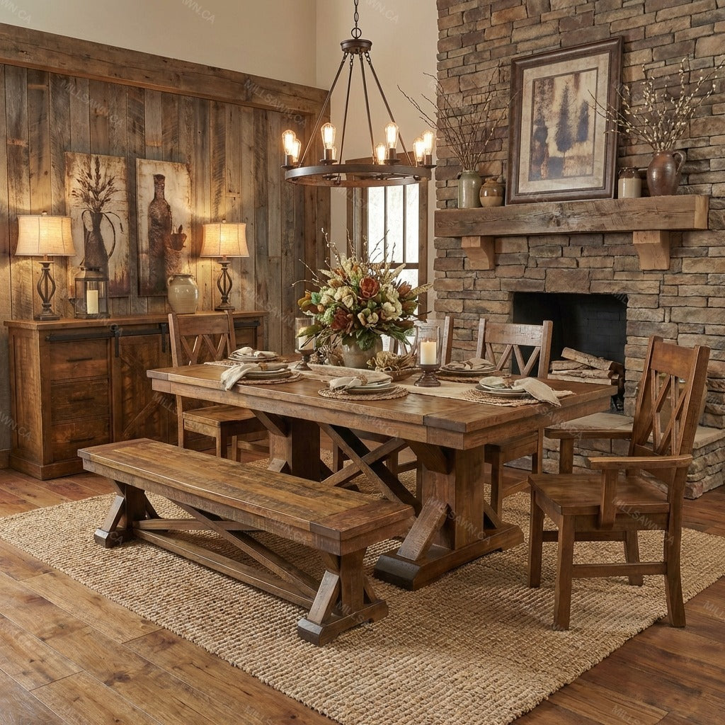 Rustic dining room with wooden furniture, fireplace, and decorative elements.