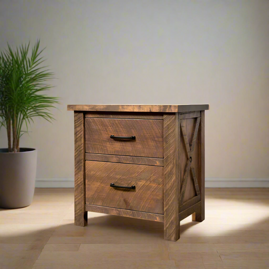 Wooden nightstand with two drawers and a barn door design on a white background