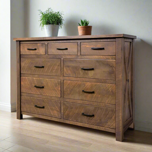 Wooden dresser with multiple drawers on a white background