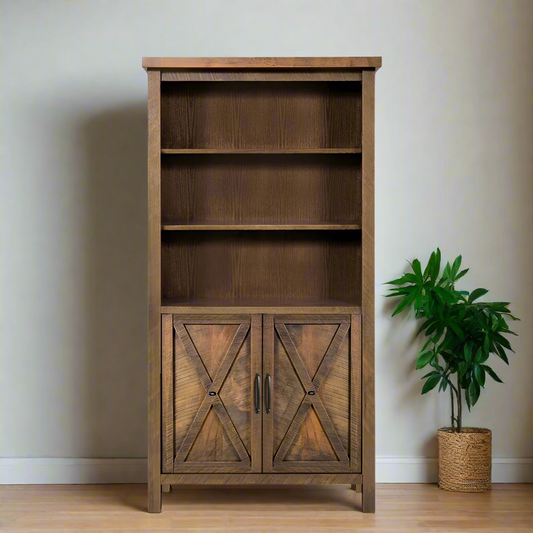 Wooden bookshelf with two doors on a white background