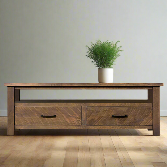 Wooden TV stand with two drawers on a white background