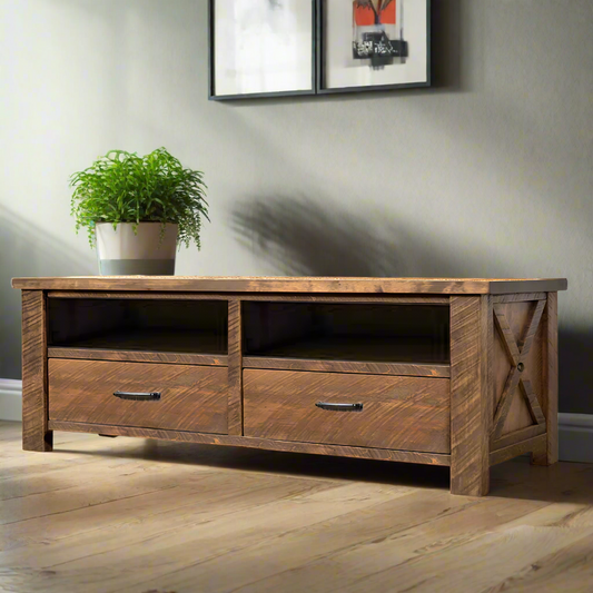 Wooden TV stand with two drawers on a white background
