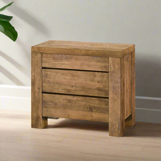 Wooden nightstand with two drawers on a white background