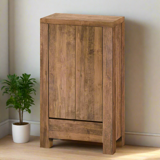 Wooden cabinet with a single door on a white background