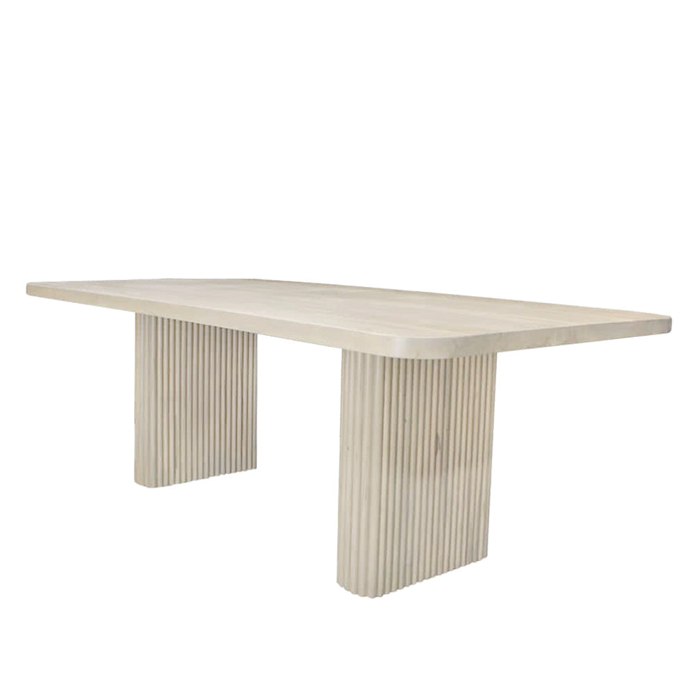 A rectangular solid wood dining table with a smooth finish and antique cloud wood texture, featuring column-like legs.