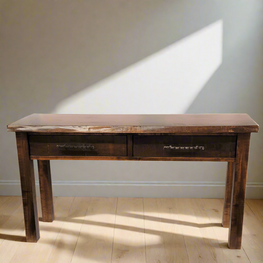 Wooden console table with two drawers on a white background