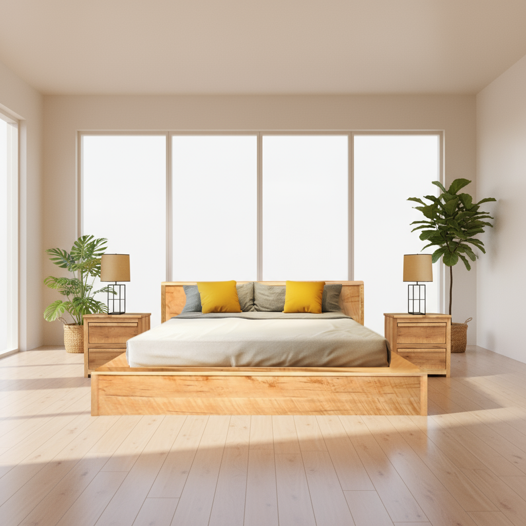 Modern bedroom with wooden bed and matching nightstands, large windows, and plants.