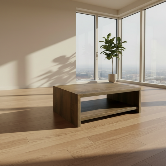 Wooden coffee table with a textured surface on a white background