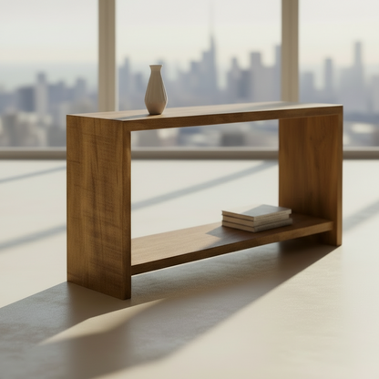 Wooden console table with a shelf on a white background