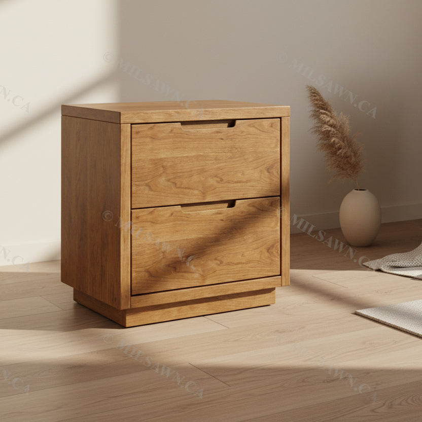 Wooden nightstand with two drawers on a white background