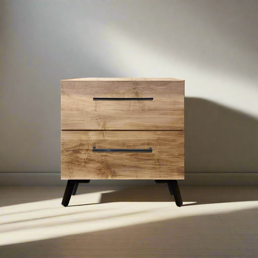 Wooden nightstand with two drawers on a plain background