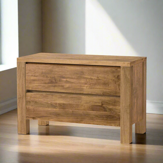 Wooden nightstand with two drawers on a white background