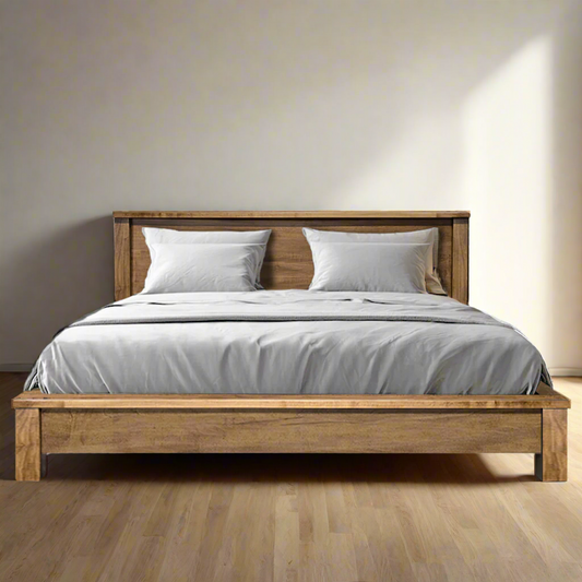 Wooden bed with white bedding on a white background