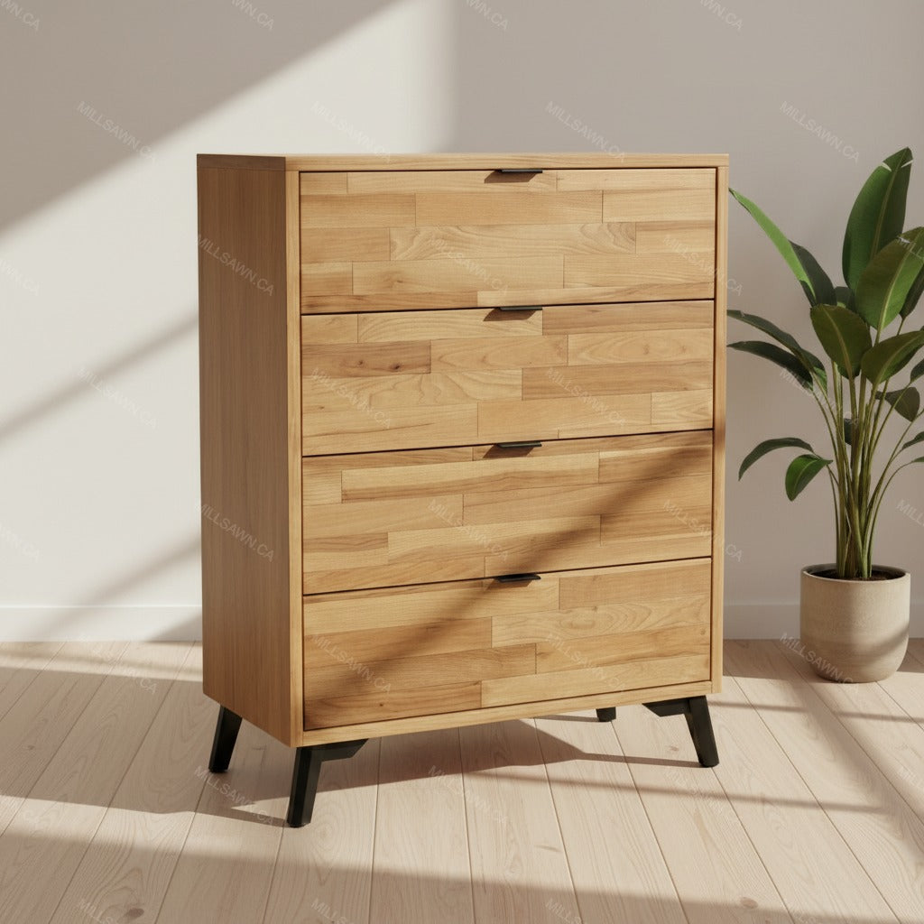 Wooden dresser with four drawers in a room with a plant