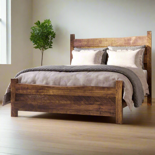 Wooden bed with bedding on a white background