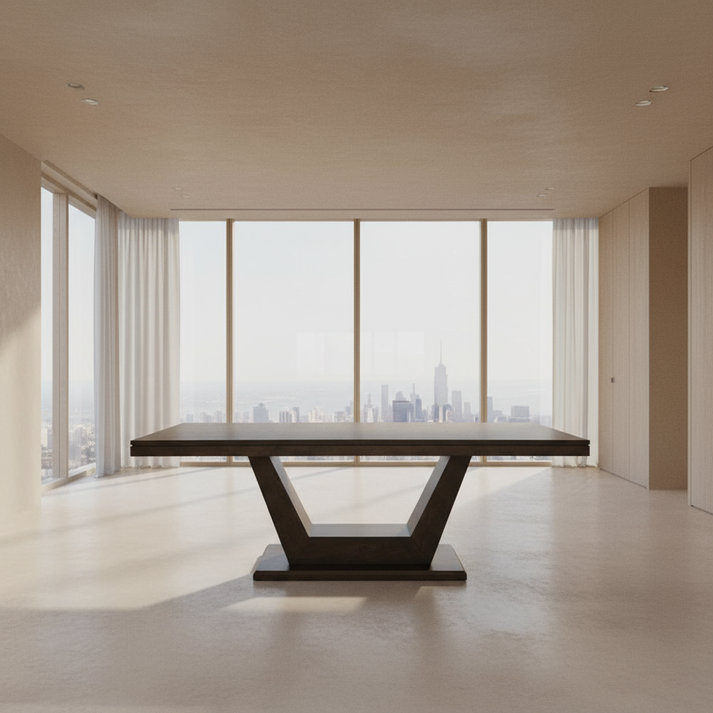 Wooden table with a modern design on a white background