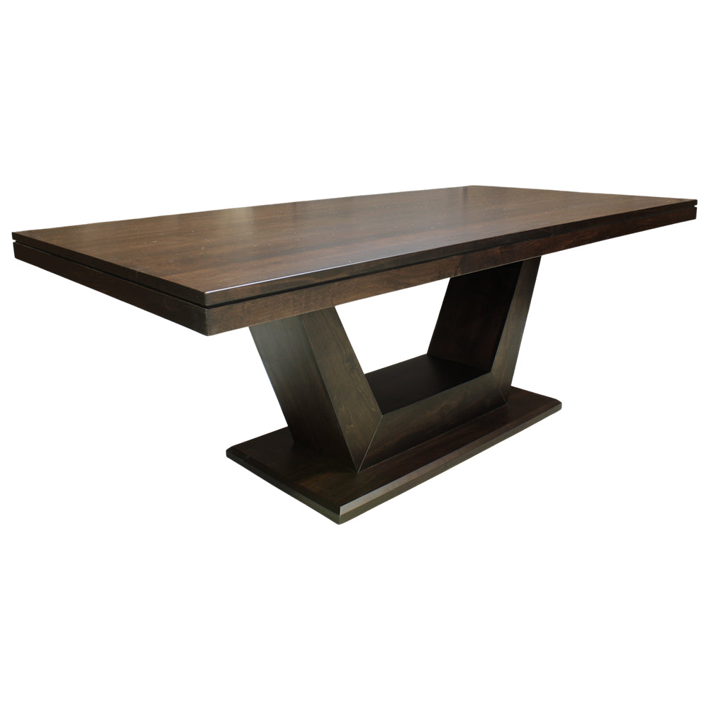 Wooden dining table with a modern design on a white background