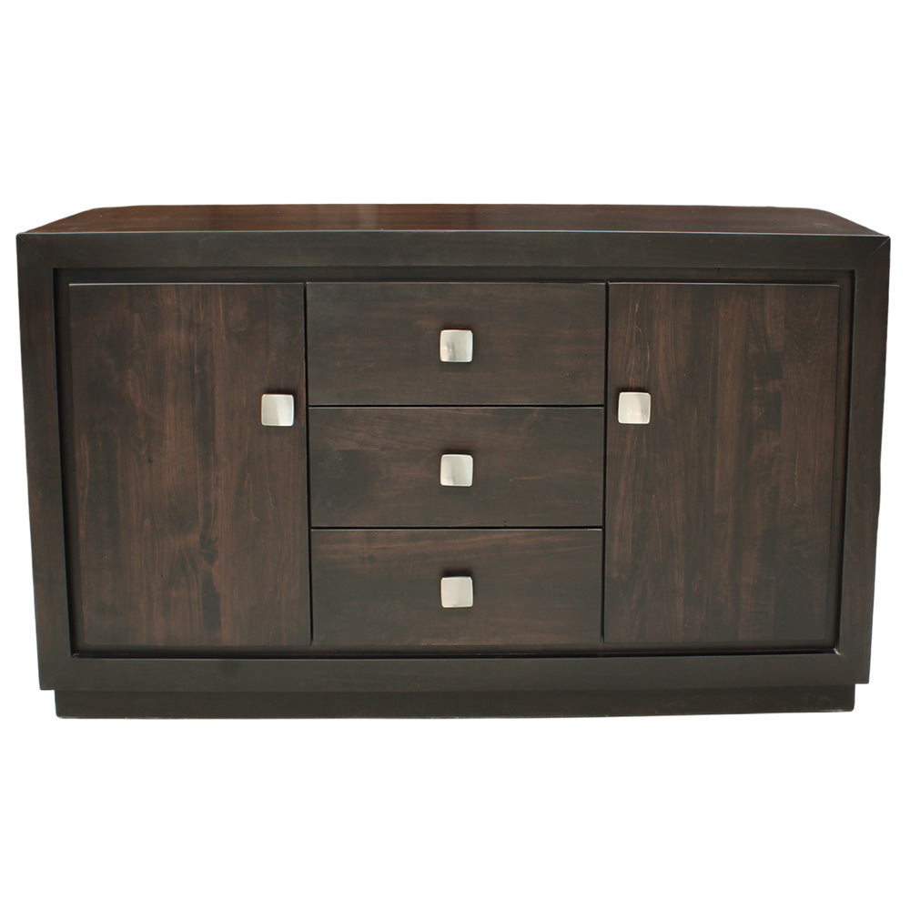 Dark wood sideboard with three drawers and square handles on a white background