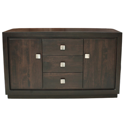 Dark wood sideboard with three drawers and square handles on a white background