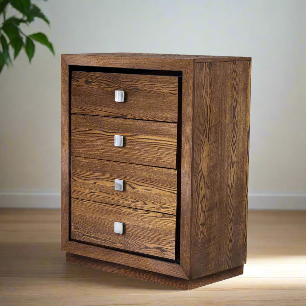 Wooden dresser with three drawers on a white background