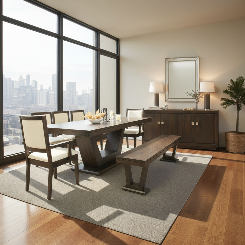Modern dining room with wooden table, chairs, and bench in a well-lit room with large windows.