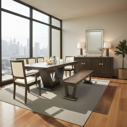 Modern dining room with wooden table, chairs, and bench in a well-lit room with large windows.