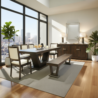 Modern dining room with wooden table, chairs, and bench in a well-lit room with large windows.